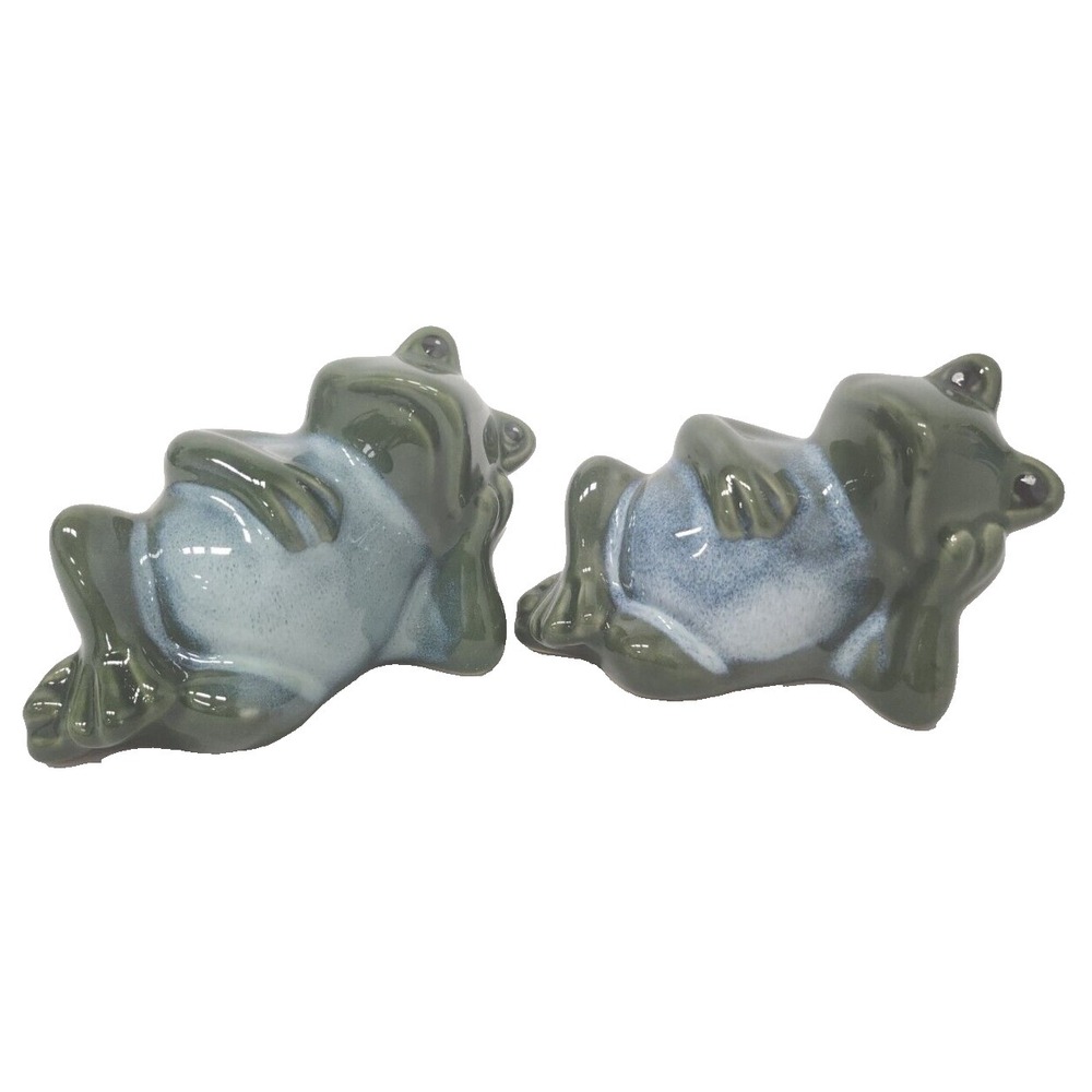 Vintage Green Ceramic Glazed Frog Figurine Toad‎ Garden Home Decor Pair of 2